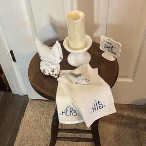 White Ceramic Chicken Figurine with additional Cottage Farmhouse Vintage Decor